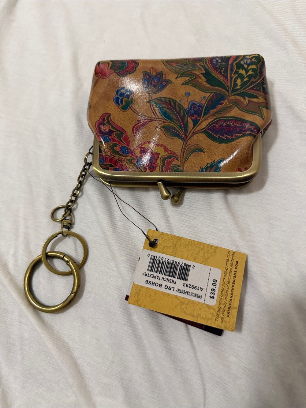 Floral Printed Leather Coin Purse Keychain - Tan Floral